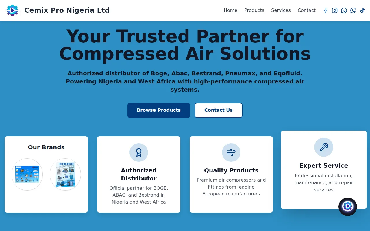 The Cemix Pro Nigeria website with the agent launcher in the corner
