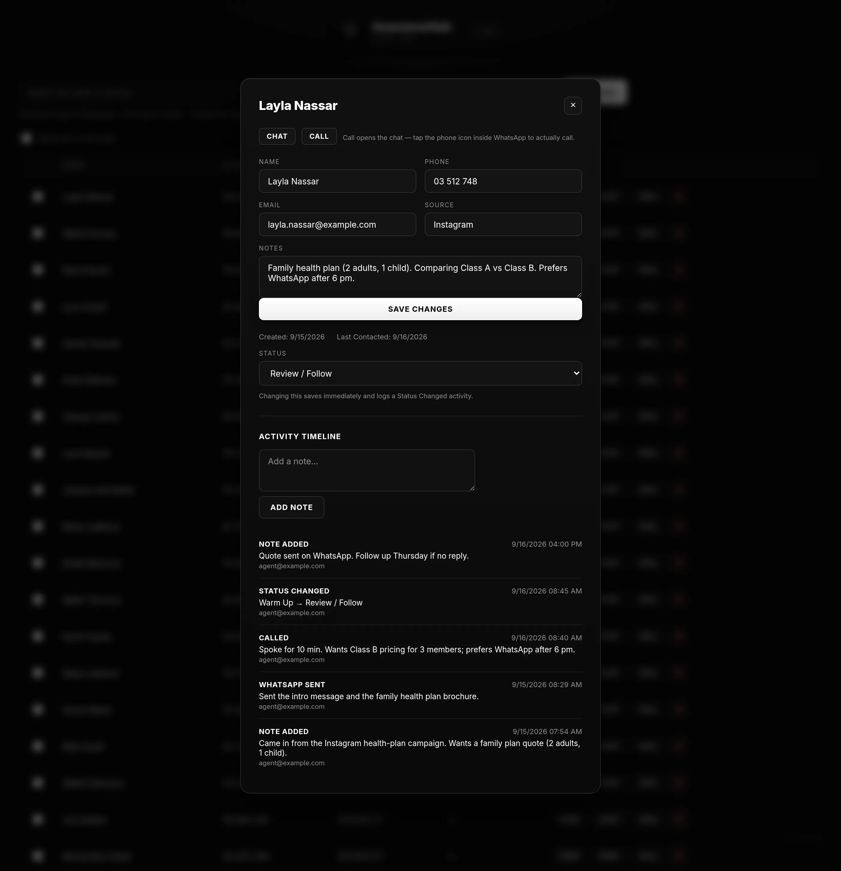 Lead detail with activity timeline