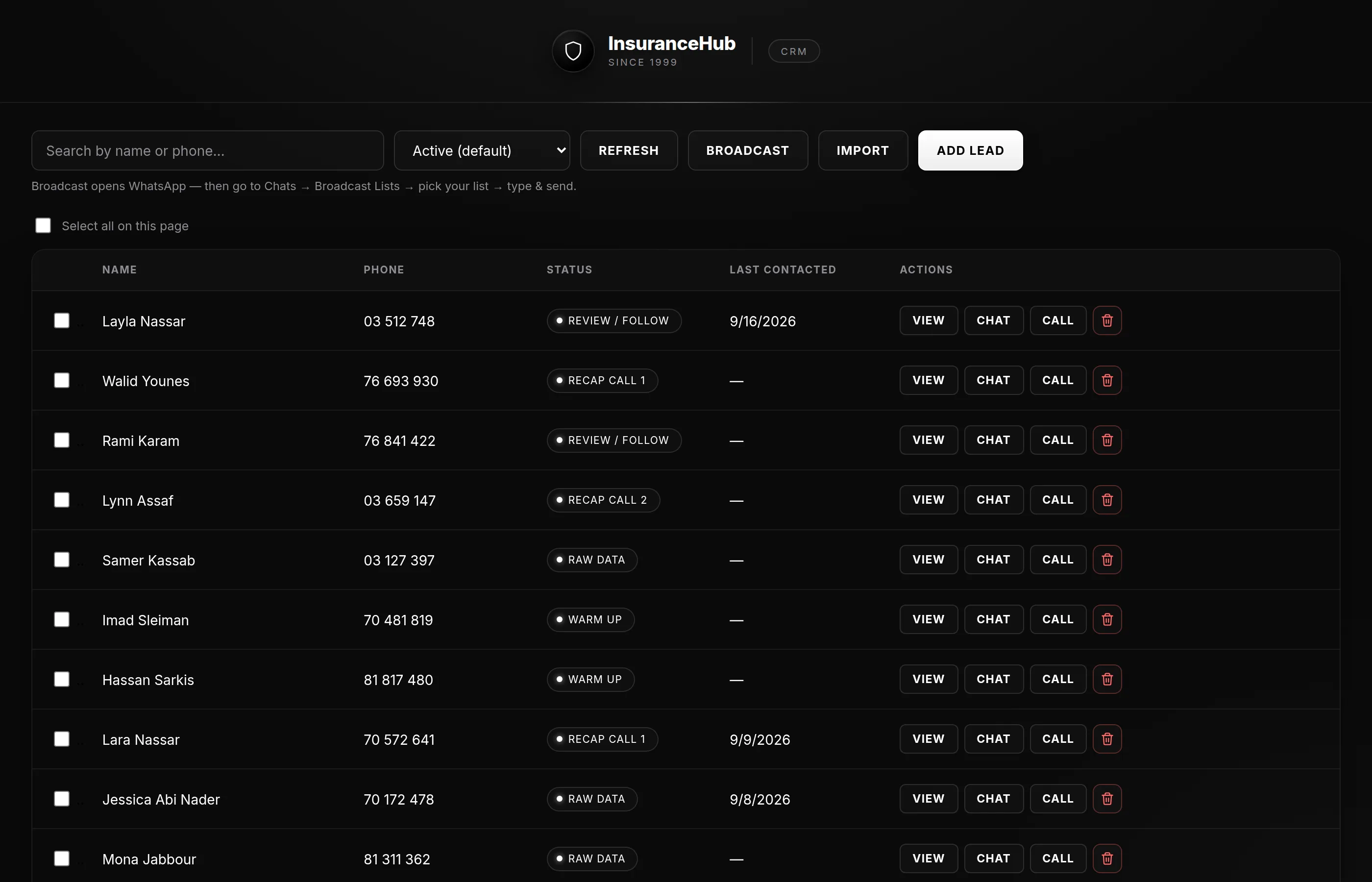 InsuranceHub CRM lead list