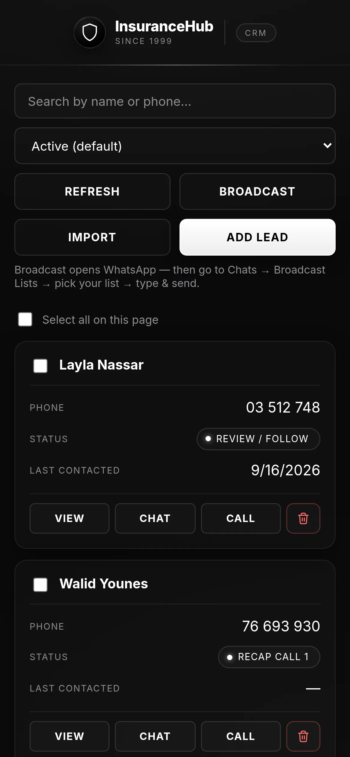 The lead list as cards on a phone
