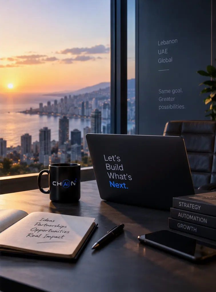 A desk at sunset over the coast with a Chain mug and a laptop reading Let's Build What's Next