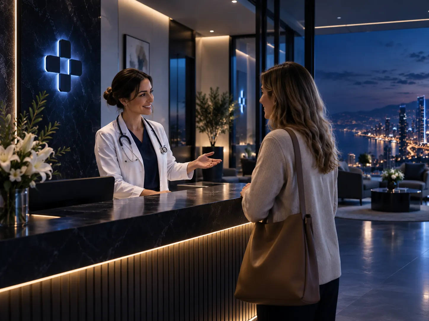 A clinic receptionist in scrubs welcoming a patient at the front desk
