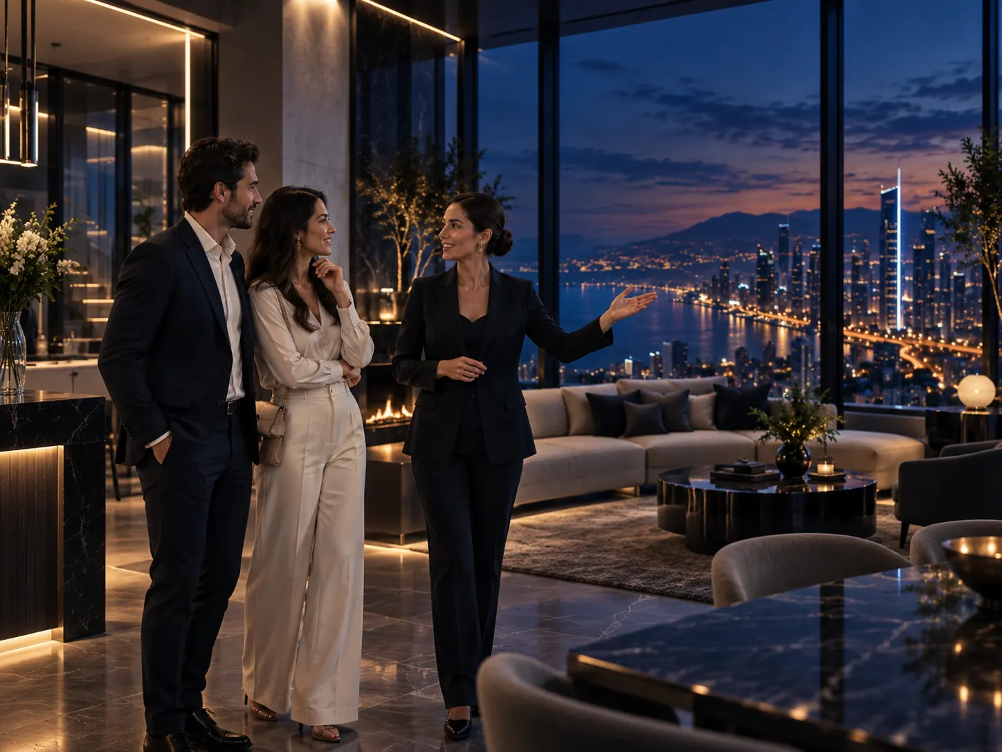 A property manager handing keys to a couple in a modern lobby