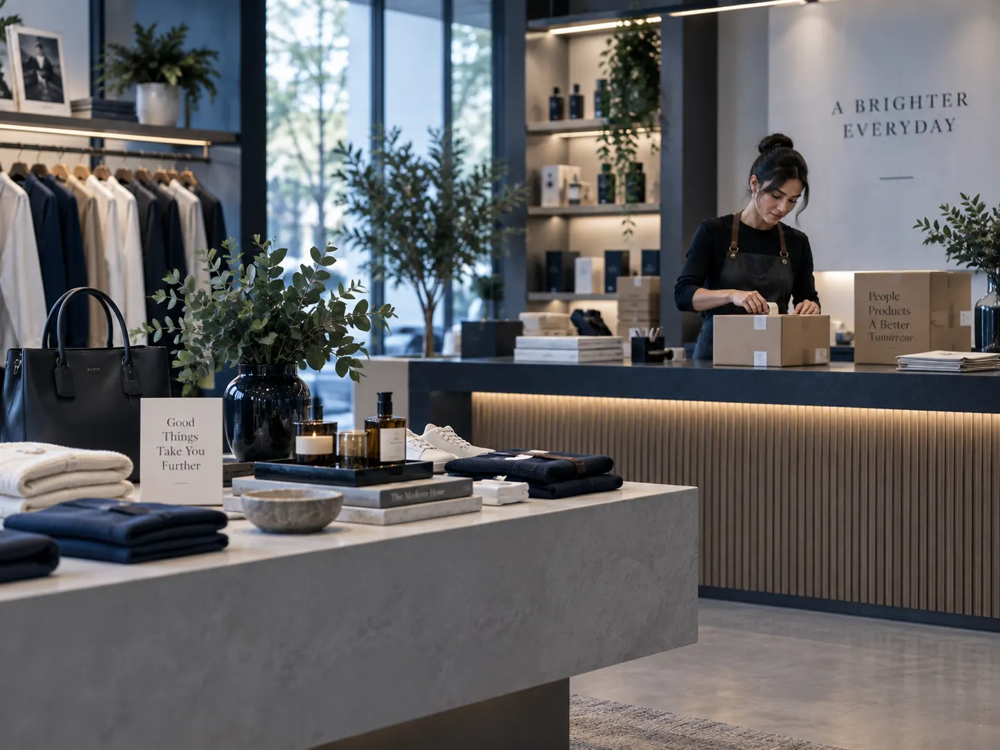 A boutique with a customer browsing clothes while staff pack online orders