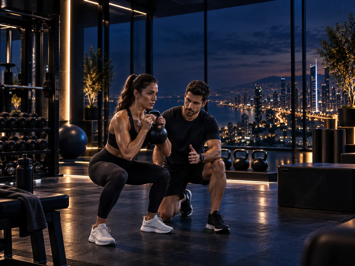 A trainer coaching a small group through kettlebell squats in a gym