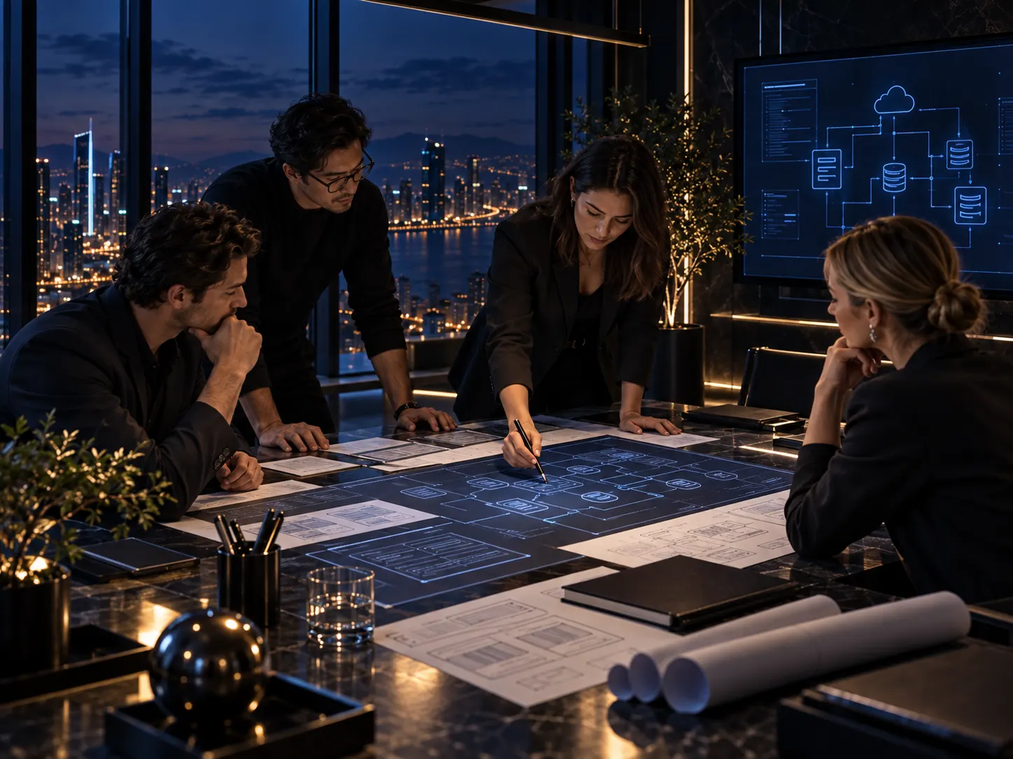 Four people around a table sketching system flowcharts on paper
