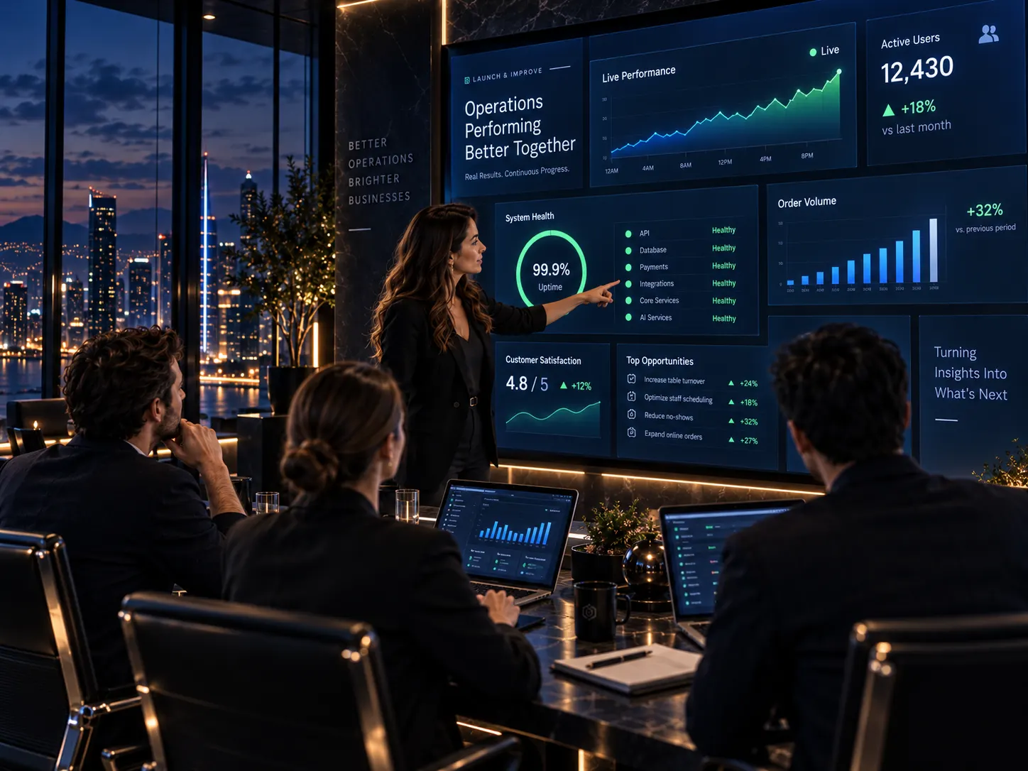 An operations room with a wall of live dashboards and two people monitoring them