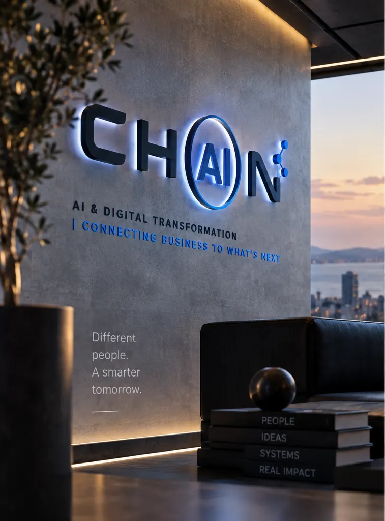 The Chain wordmark lit on a concrete wall in a lounge at dusk